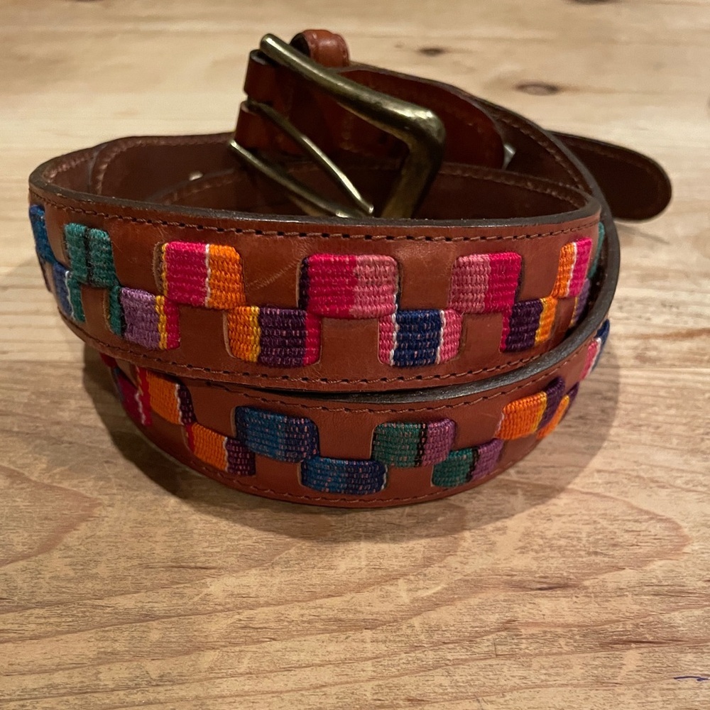 Fossil Genuine Leather Tapestry Patchwork Inlay Brown belt Aztec Southwestern L
